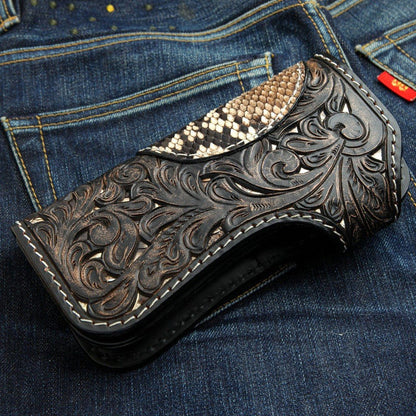Intricate floral carved leather scrollwork detailed with thick white stitching and a genuine snake skin top panel.