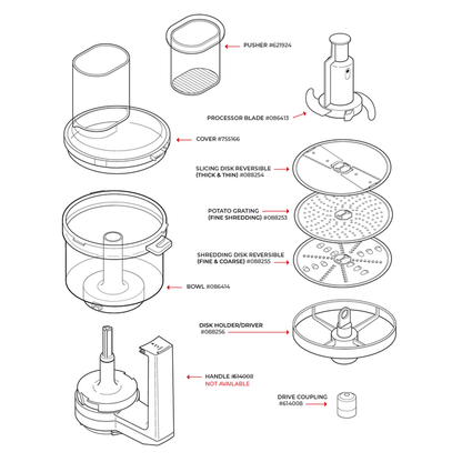 Technical illustration of the Magimix food processor and all of its parts