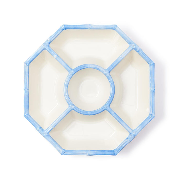 Geometric melamine tray with blue rim on a white background