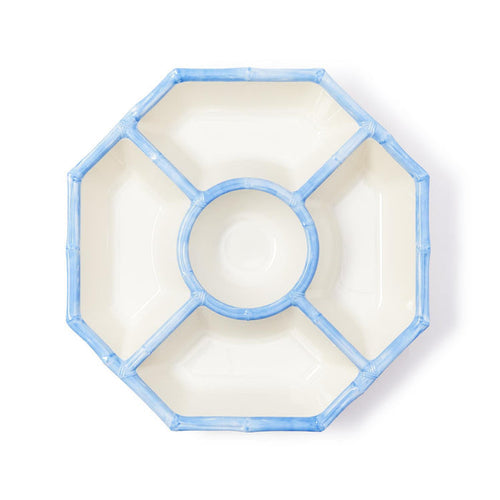 Geometric melamine tray with blue rim on a white background