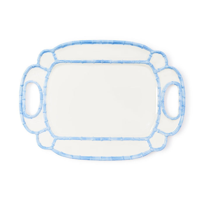 Rectangular melamine tray with blue rim on a white background