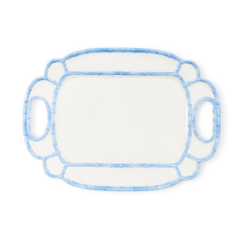 Rectangular melamine tray with blue rim on a white background