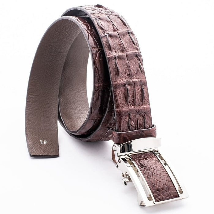 Handcrafted brown crocodile skin belt with silver automatic buckle side angle