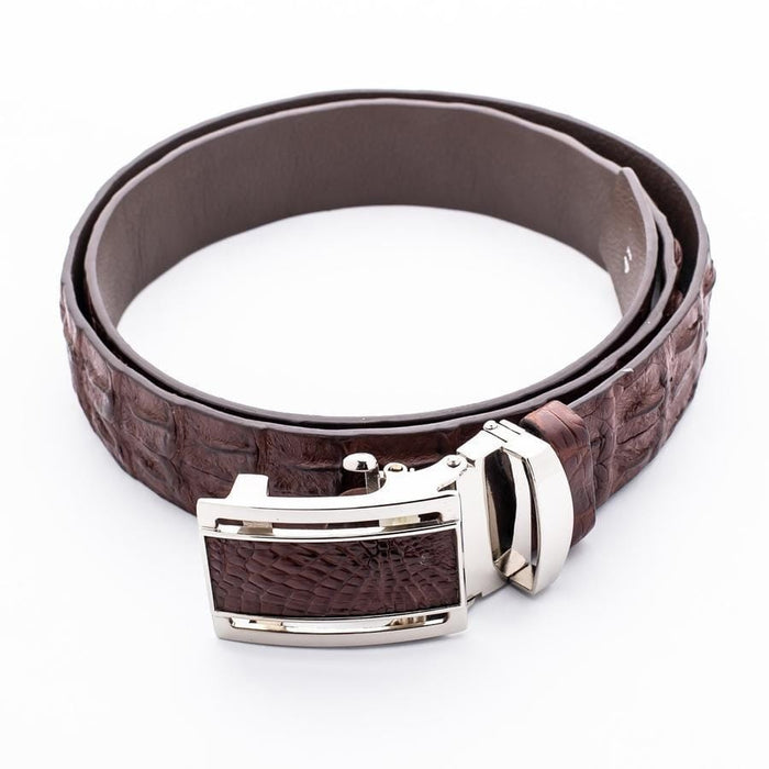 Luxury mens crocodile belt with automatic ratchet buckle close-up detail