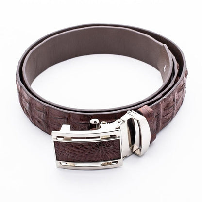 Luxury mens crocodile belt with automatic ratchet buckle close-up detail