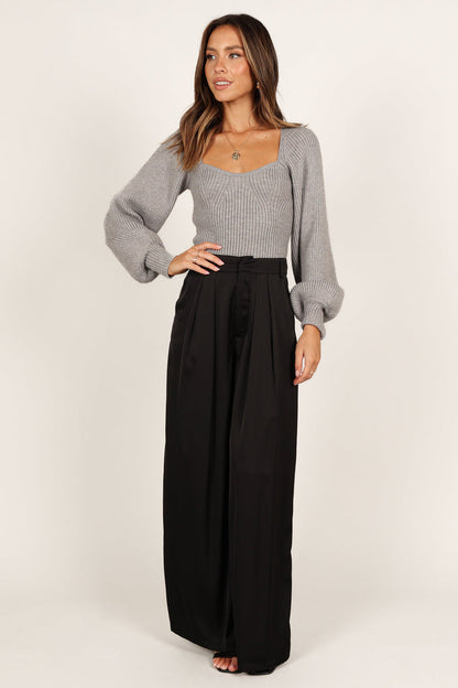 Petal and Pup USA KNITWEAR Gia Sweetheart Neck Bell Sleeve Knit Sweater - Light Grey