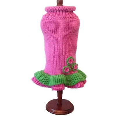 Dallas Dogs, Ltd Sweaters 6" Girlie Girl Pink and Green Flowers Cozy Dog Sweater Dress