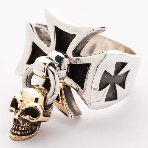 gold skull dangle iron cross ring