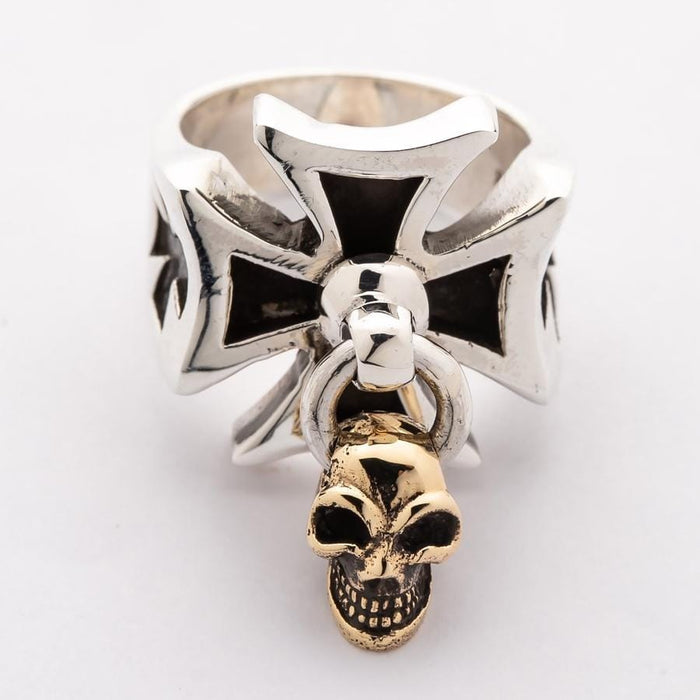 Gold Dangle Skull Iron Cross Ring-Bikerringshop