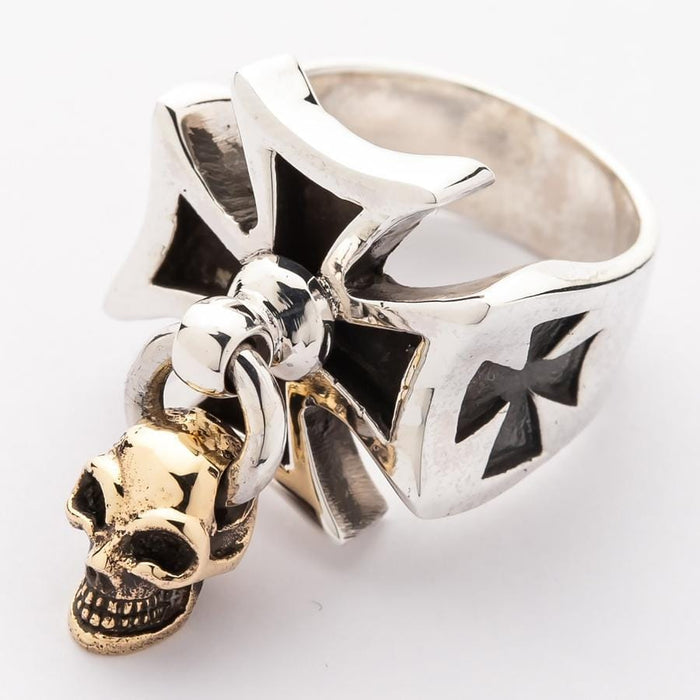Gold Dangle Skull Iron Cross Ring-Bikerringshop