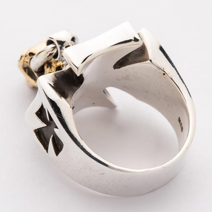 Gold Dangle Skull Iron Cross Ring-Bikerringshop