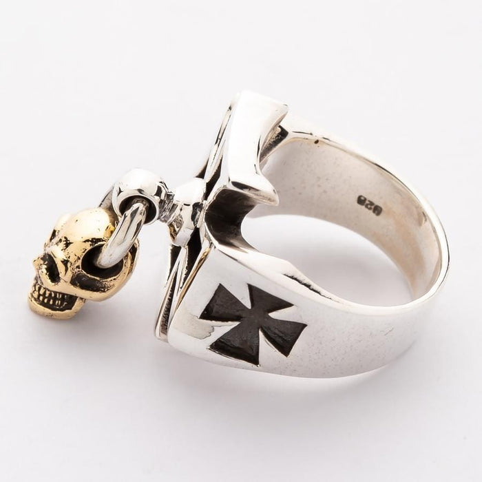 Gold Dangle Skull Iron Cross Ring-Bikerringshop