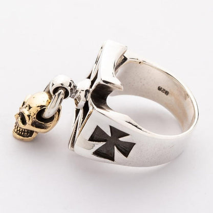 Gold Dangle Skull Iron Cross Ring-Bikerringshop