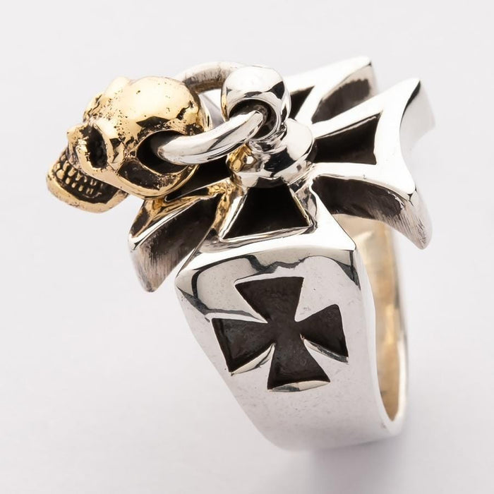 Gold Dangle Skull Iron Cross Ring-Bikerringshop