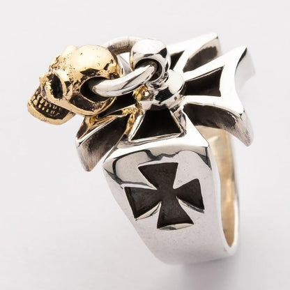 Gold Dangle Skull Iron Cross Ring-Bikerringshop