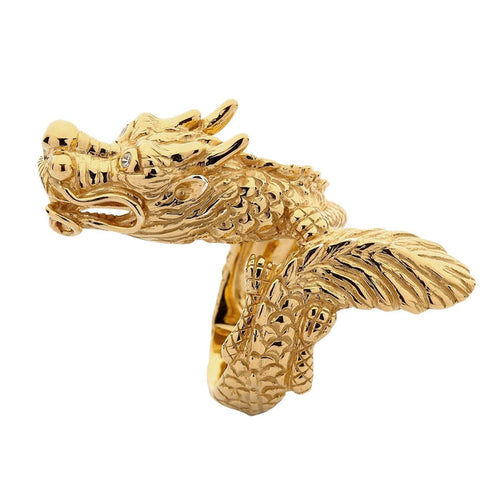 A men's full-body gold dragon wrap ring, handcrafted in 14k gold-plated sterling silver.
