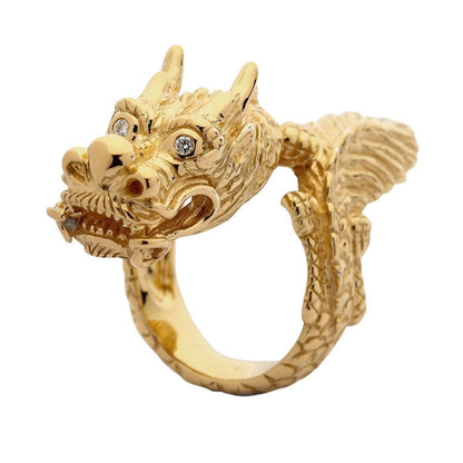 A large Chinese dragon statement ring for men with intricate scales and clear CZ stone eyes.