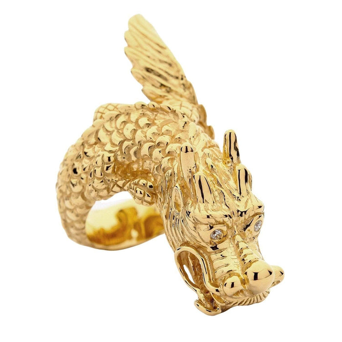 A top-down view of the 14k gold-plated dragon ring, showcasing its detailed head and scales.