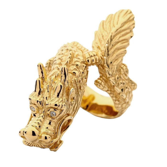 A gold vermeil dragon ring for men, a piece of luxury fantasy jewelry.
