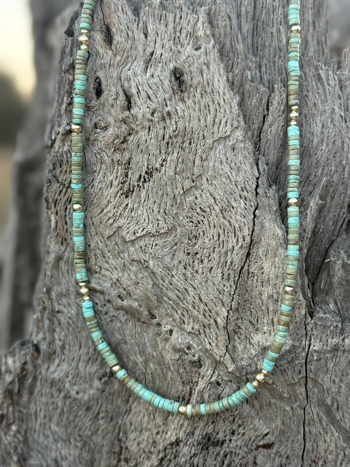 Golden Turquoise Trail Heishi Beaded Necklace
