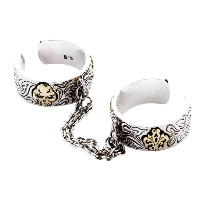 An alternative view of the brass skull detail on the engraved sterling silver band.