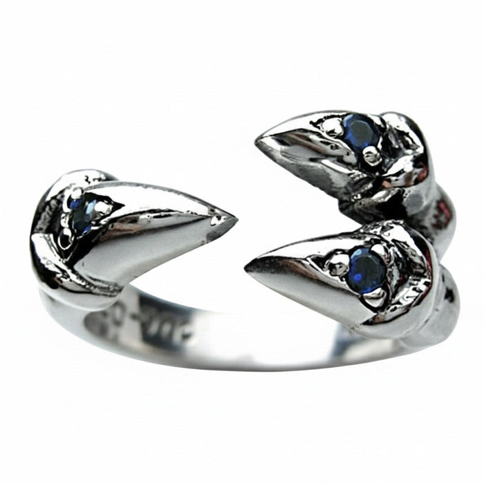 Gothic claw ring with four blue sapphire stones in 925 sterling silver front view