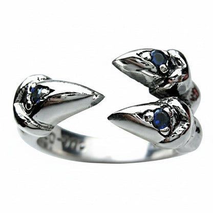 Gothic claw ring with four blue sapphire stones in 925 sterling silver front view