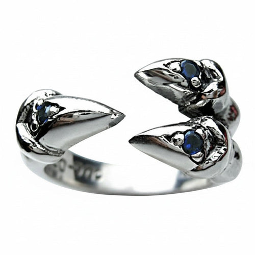 Gothic claw ring with four blue sapphire stones in 925 sterling silver front view