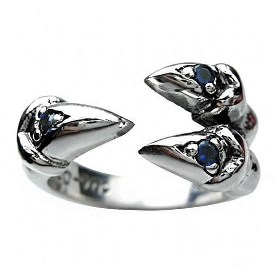 Gothic claw ring with four blue sapphire stones in 925 sterling silver front view