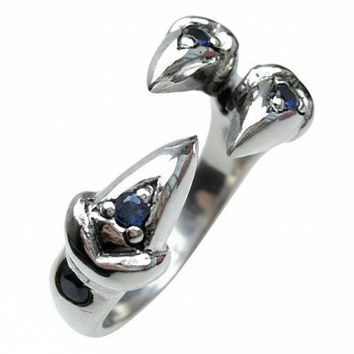 Sterling silver talon ring showing blue gemstone settings and claw detail side angle