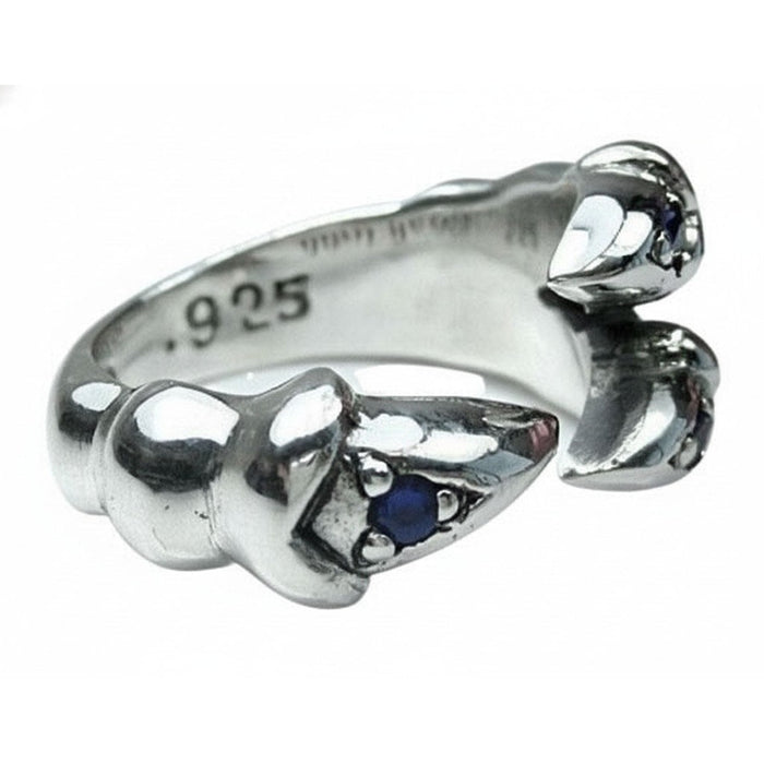 Open wrap adjustable gothic claw ring with blue sapphire CZ stones showing band detail