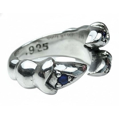 Open wrap adjustable gothic claw ring with blue sapphire CZ stones showing band detail