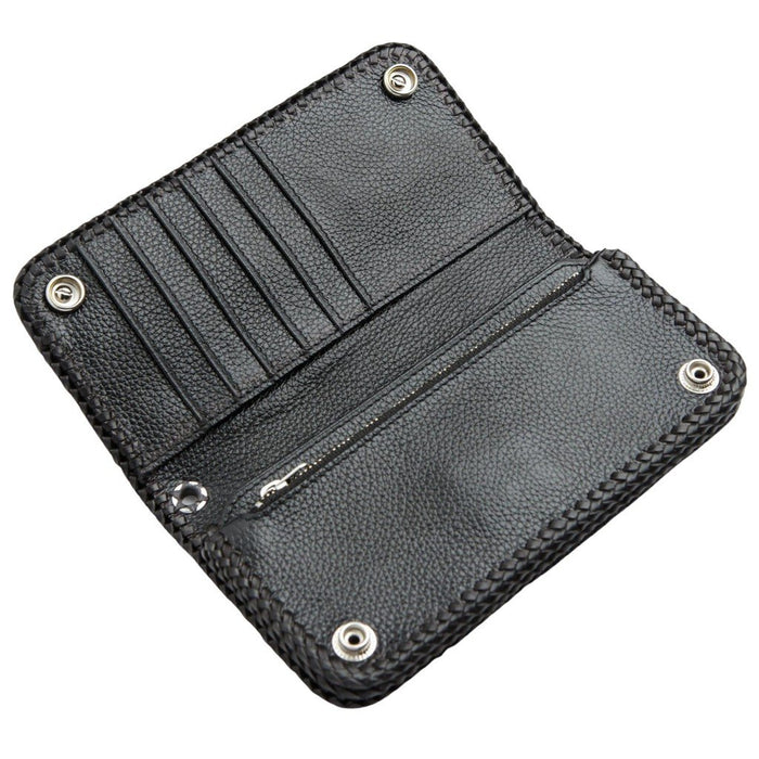 Open interior showcasing pebbled black leather, vertical card slots, a long zipper pouch, and braided lacing.