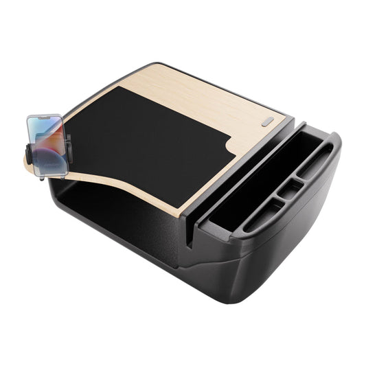Introducing the GripMaster Efficiency Car Desk with Mega Grip™ Drill-Base Mount: a black car organizer featuring a sturdy wooden tray, integrated phone holder with Mega Grip™ Drill-Base Mount securing your smartphone, and multiple storage compartments—ideal as a mobile workstation or versatile car desk for professionals on the go.