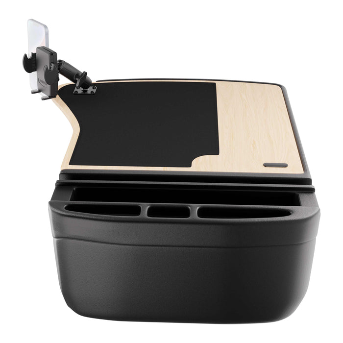 The GripMaster Efficiency Car Desk with Mega Grip™ Drill-Base Mount is a black and wood-toned car tray table featuring cup holders, storage slots, and a phone mount attached to one corner. Designed to fit over your vehicle’s center console, this versatile desk transforms your ride into an efficient mobile workstation.