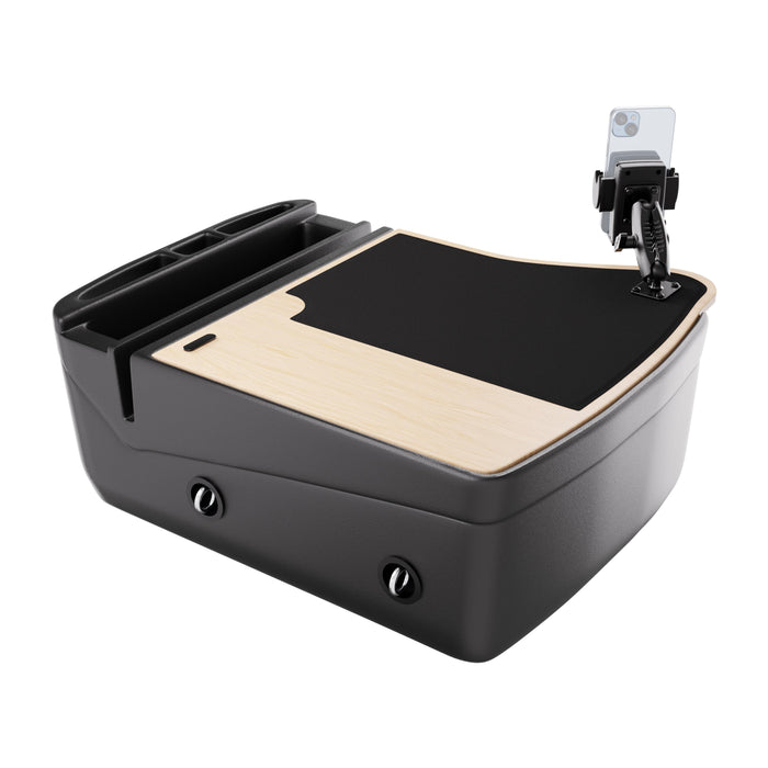 The GripMaster Efficiency Car Desk with Mega Grip™ Drill-Base Mount features a portable design with a light wood surface, black non-slip mat, multiple organizing slots, and an adjustable phone mount to securely hold your smartphone. Perfect for anyone seeking a mobile workstation, this versatile car desk ensures comfort on the go and attaches securely using its convenient drill-base mount.