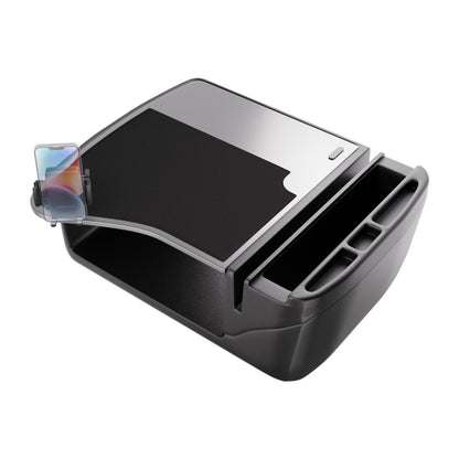 The GripMaster Efficiency Car Desk with Mega Grip™ Drill-Base Mount is a black organizer tray featuring multiple compartments, a smartphone slot, and a flat work surface—perfect for use on your car seat or center console to create an efficient mobile workstation or car desk while traveling.