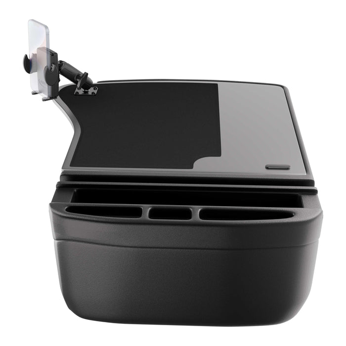Introducing the GripMaster Efficiency Car Desk with Mega Grip™ Drill-Base Mount—a black car organizer featuring integrated cup holders, a spacious flat tray surface, and an adjustable phone holder mounted with the secure Mega Grip™ Drill-Base system. Designed to fit in your vehicle’s front seat area, it’s perfect for transforming your car into a mobile workstation or convenient desk while on the go.