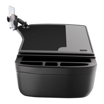 Introducing the GripMaster Efficiency Car Desk with Mega Grip™ Drill-Base Mount—a black car organizer featuring integrated cup holders, a spacious flat tray surface, and an adjustable phone holder mounted with the secure Mega Grip™ Drill-Base system. Designed to fit in your vehicle’s front seat area, it’s perfect for transforming your car into a mobile workstation or convenient desk while on the go.