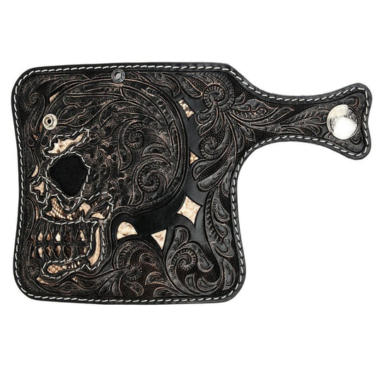 A beautifully handcrafted wallet with a detailed, multi-textured devil skull and traditional floral tooling.