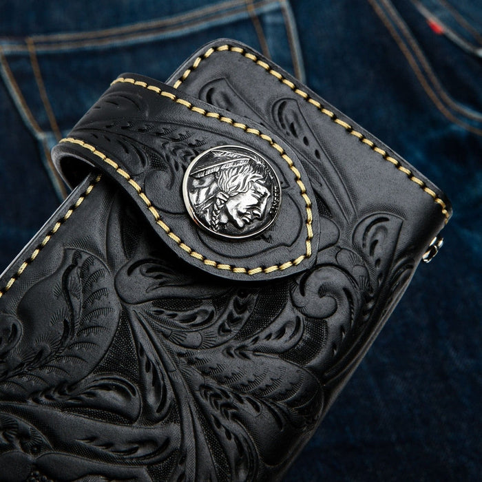A close-up of the silver Indian Head concho and contrast stitching on the leather wallet.