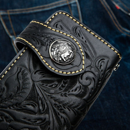 A close-up of the silver Indian Head concho and contrast stitching on the leather wallet.