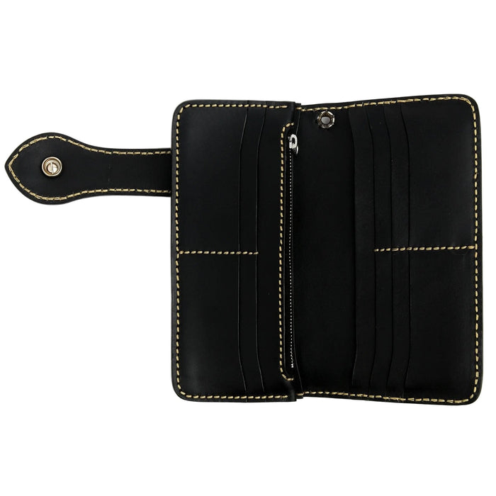 The interior of the long biker wallet, showing the 10 card slots and zippered compartment.