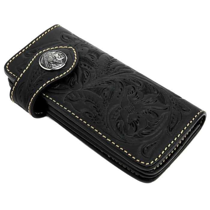 A men's Western-style long wallet made from genuine black cowhide with artisanal tooling.