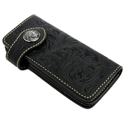 A men's Western-style long wallet made from genuine black cowhide with artisanal tooling.