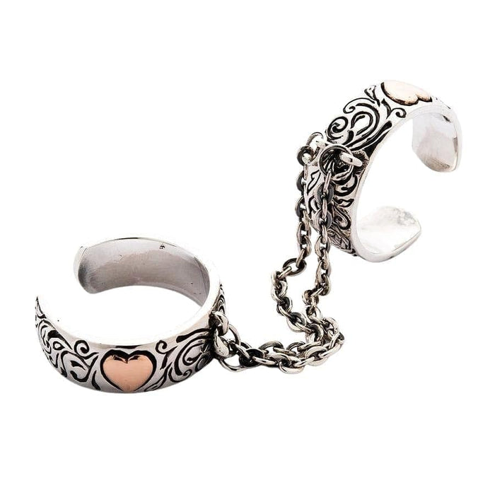 Sterling silver two finger ring with rose gold hearts and chain