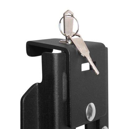 Black security lock with a key on a white background