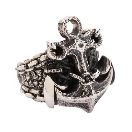 Angled view of the heavy mariner's anchor ring in 925 sterling silver.