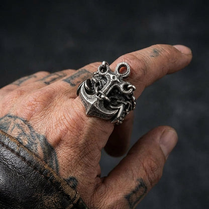 Close-up view of a mariners anchor rocker ring with 28mm x 32mm face size under soft studio lighting showcasing detailed craftsmanship