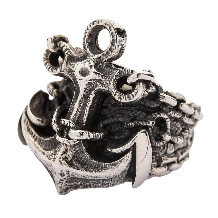 A detailed angled view of the sterling silver anchor ring, showing the chain and rope textures.